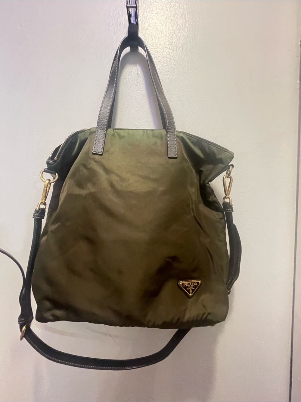 Prada Olive Green Nylon Tote with Black Leather Straps